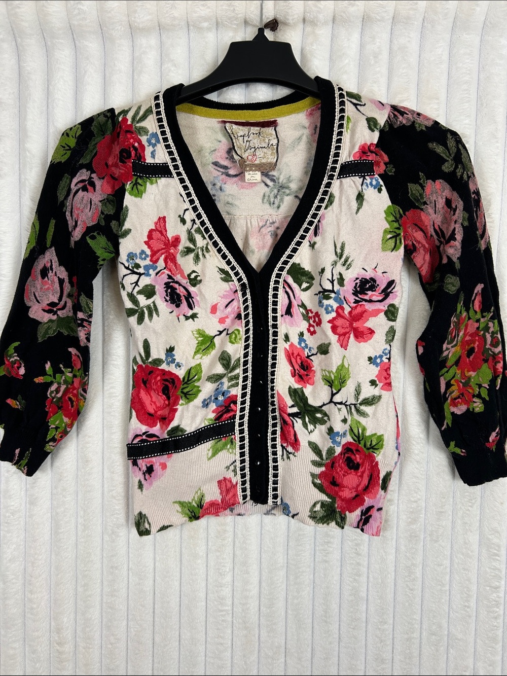 Scrapbook Floral V-Neck lightweight Cardigan Sweater - Pink, Black & Green small